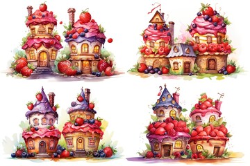 watercolor cartoon illustration collection set, fruit house with candy and sweets, isolated on white background, idea for sticker and junk journal clipart, Generative A