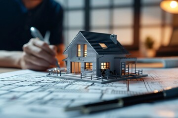 Holo 3d render model of a small living house on a table in a real estate agency. Signing mortgage contract document and demonstrating. Futuristic business. Blurry background - obrazy, fototapety, plakaty