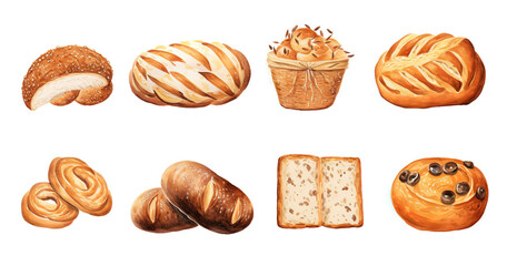 watercolor cartoon illustration collection set, fresh vintage bread look tasty, isolated on white background, idea for sticker and junk journal clipart, Generative A