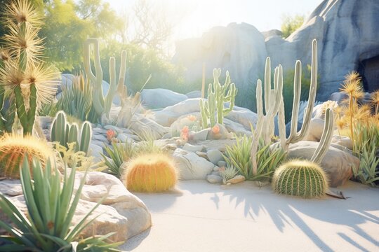 rock garden featuring cacti and aloes under sunlight
