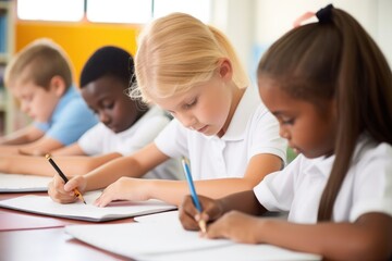 shot of a group of young schoolchildren writing notes in class