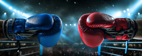 Red and blue gloves in boxing arena