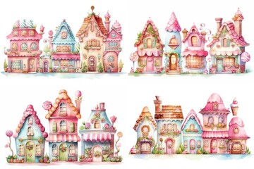 watercolor cartoon illustration collection set, candy house lollipops and sweets, isolated on white background, idea for sticker and junk journal clipart, Generative A