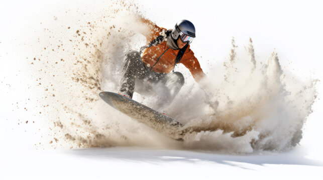 A snowboarder in action, exploding through snow drift.