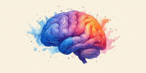 multi-colored brain, paint drawing, light background