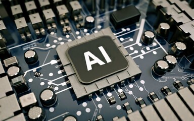 Artificial intelligence micro chip with text "AI" on chip.