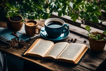 Write a blog post on the art of mindfulness during morning devotions, emphasizing the sensory experience of sipping coffee and absorbing wisdom from an open Bible. - obrazy, fototapety, plakaty