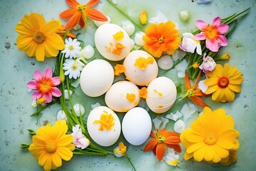 eggs hidden among spring flowers in a garden setting