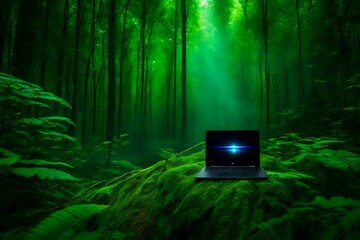 Develop a character who uses a laptop on a green leaf background as a portal to connect with a virtual nature realm.