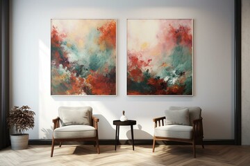 two blank paintings on wall in living area with comfortable chairs. Generative AI