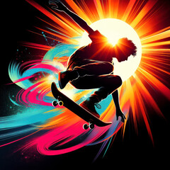 Colorful silhouette of a jumping skateboarder against the sun on a black background. ai generative