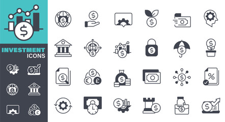 Investment Icons set. Solid icon collection. Vector graphic elements, Icon Symbol, Business, Innovation, Vector, Money, Savings, Financial Loan, Money