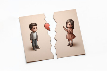 divorce man and woman separated on a piece of paper on a white background. ai generative