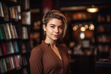 an attractive woman standing in her bookstore