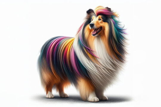 full body collie dog with a color mohawk on his head on a white background. ai generative