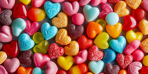 Fototapeta na wymiar Colorful heart shaped candies and sweets for valentine's day