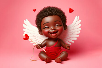 Fototapeta premium joyful african american baby cupid with white wings and red attire on solid pink pastel background. ai generative