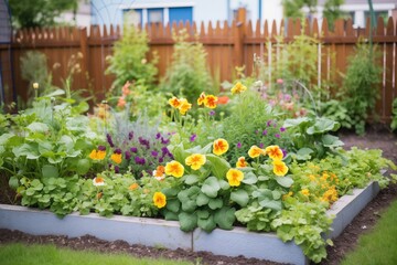 Fototapeta na wymiar edible flower bed with marigolds and pansies