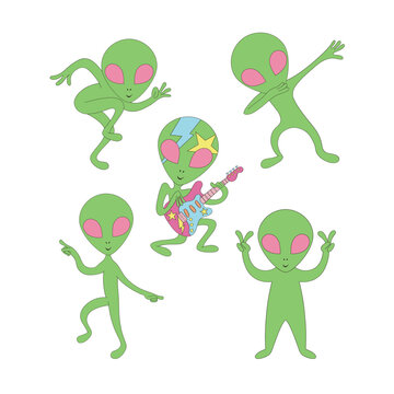 Groovy retro sci-fi dancing green man rock star alien party vector illustration set isolated on white. 60s 70s 80s 90s space galaxy universe celestial print poster postcard collection.