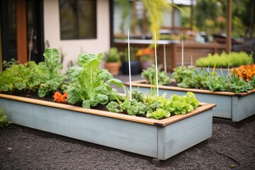 raised beds with lettuce, carrots, and kale