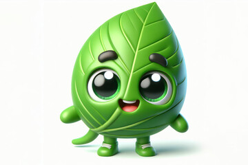 little cute happy green leaf 3d character with bulging eyes on solid a white background. ai generative