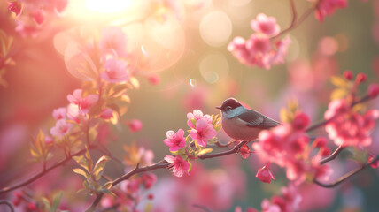 Fototapeta premium Little bird sitting on branch of blossom cherry tree. Spring time