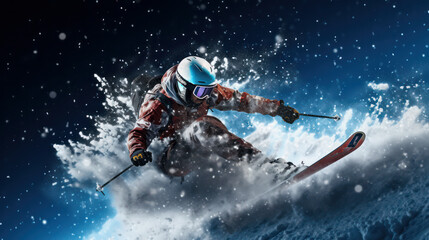 Skier in action, exploding through snowdrift amongst mountains, white powder