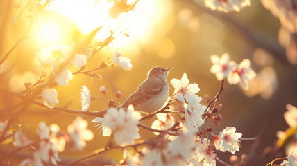 Little bird sitting on branch of blossom cherry tree. Spring time - obrazy, fototapety, plakaty