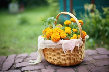 basket filled with freshly picked marigolds