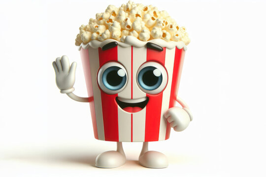 little cute happy popcorn 3d character with bulging eyes on solid a white background. ai generative