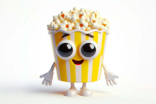 little cute happy popcorn 3d character with bulging eyes on solid a white background. ai generative