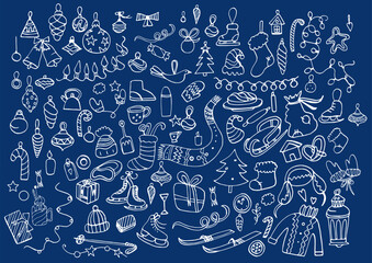 Winter season themed doodle set-snowflakes,icicles,classic ornaments, knitted wear, winter sports.Freehand vector drawings.Winter theme.New Year. Christmas.Winter hobbies.Sledge, mittens, skates.