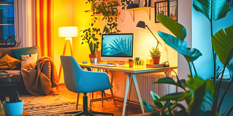 Design a cozy and stylish home office setting with warm lighting, comfortable furniture, and plants --ar 2:1 --v 6 Job ID: 9edd6c63-e24d-435b-9000-c452ee79836e