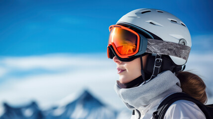 Side profile, Portrait of female, Skier wearing fashionable, goggles and helmet with blue sky and snowy peaks in the background