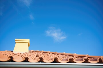 closeup of clay roof tiles with blue sky background
