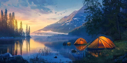 Schilderijen op glas Tent, tenting outdoors living in wilderness exploring adventuring, camp set up, camping illustration background, generated ai  © dan