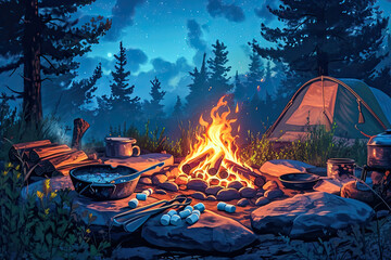 Tent, tenting outdoors living in wilderness exploring adventuring, camp set up, camping illustration background, generated ai 