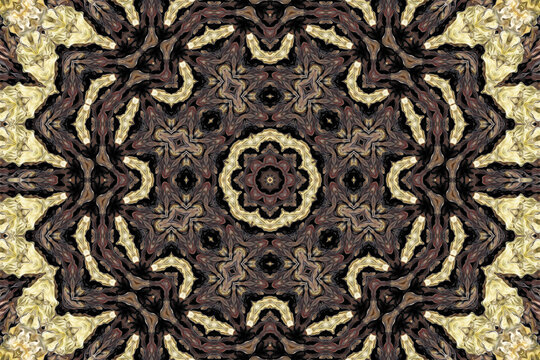 Abstrakcyjny geometryczny kalejdoskop w odcieniach brązu i wanilii z efektem cyfrowym rozlanej farby - ilustracja, tło