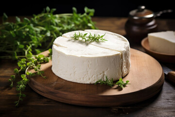 A close up of delicious goat cheese surrounded by fresh green herbs
