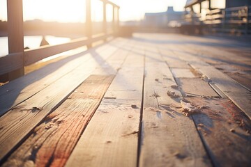 sunlight shining on a weathered wooden boardwalk - obrazy, fototapety, plakaty