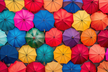 Fototapeta na wymiar Photo pattern background of evenly, spaced umbrellas in various vibrant colours 