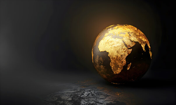 Globe in the form of a golden ball on dark background. Decorative element.