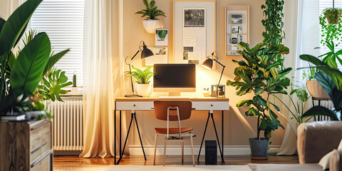 Interior work set up, working from home, indoor desk chair modern office, generated ai