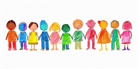 Generative AI, Pencil drawn art by child, naive kids illustration of different multiethnic people, diversity concept on white background	
