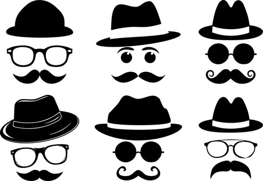 Hats and mustache, Gentleman icon set. Man icons with a mustache in the hat and sunglasses. High HD resolution for designing poster or banner about men's day.