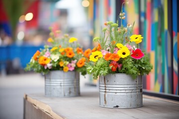 galvanized steel containers with bright flowers