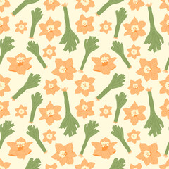 Narcissus flowers and leek seamless pattern