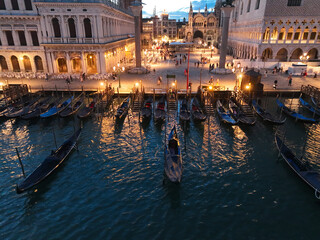 Venice panoramic cityscape landmark at sunset or night, aerial view of Piazza San Marco