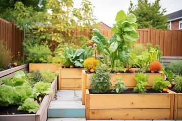 lush vegetables growing in tiered garden boxes