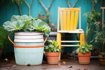 watering can beside vegetable garden barrels